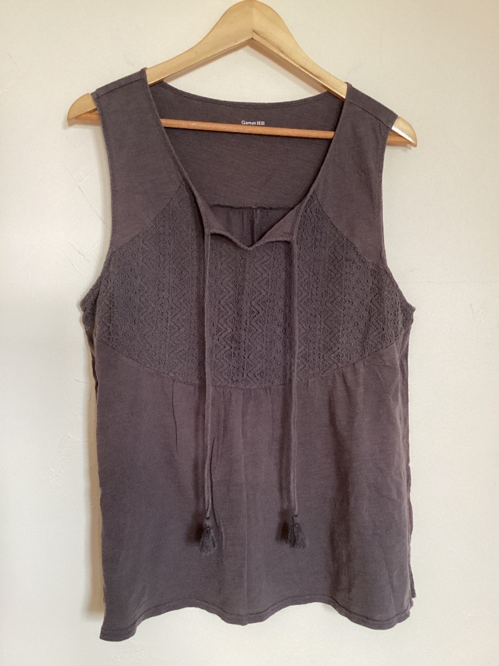 Garnet Hill L Tank Top Brown with Tassels & Lace Panel, cotton, casual, summer